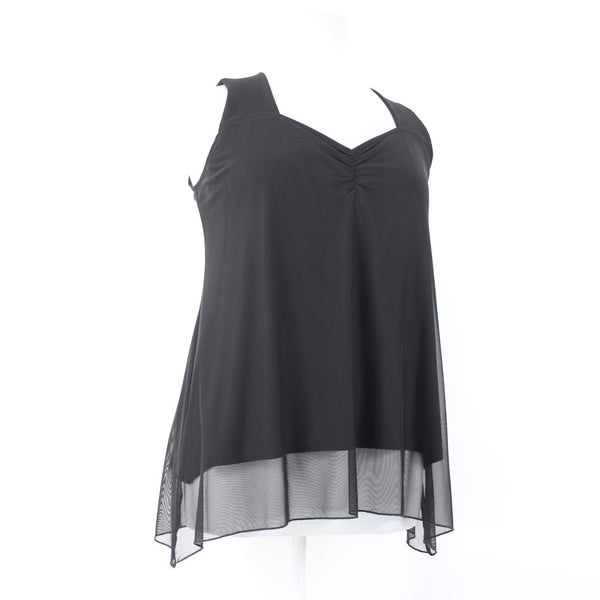 Unsure Brand Top New $189 Sz 52 Black Layered V Neck Ruching Sleeveless Poly Top