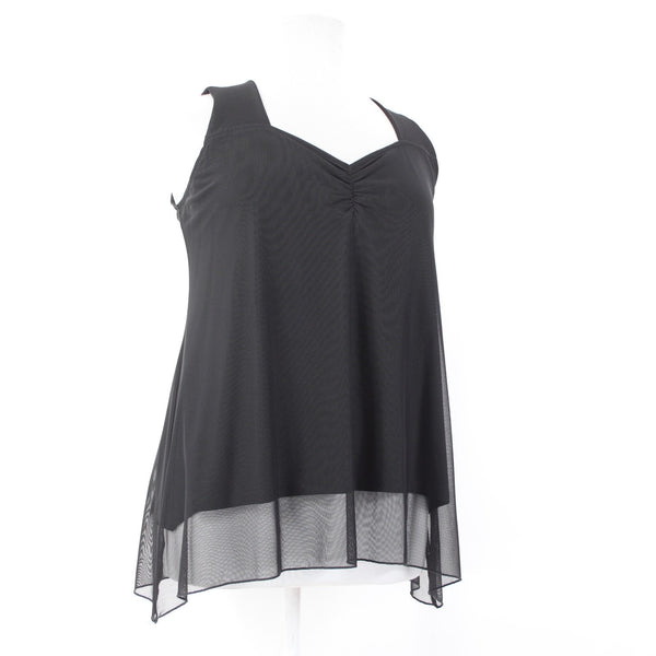 Unsure Brand Top New $189 Sz 52 Black Layered V Neck Ruching Sleeveless Poly Top