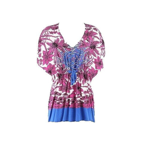 CAbi Sz S White Blue Magenta Black Multi Rayon Front Tie Dolman Sleeve Top
