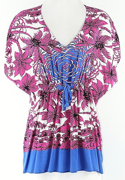 CAbi Sz S White Blue Magenta Black Multi Rayon Front Tie Dolman Sleeve Top
