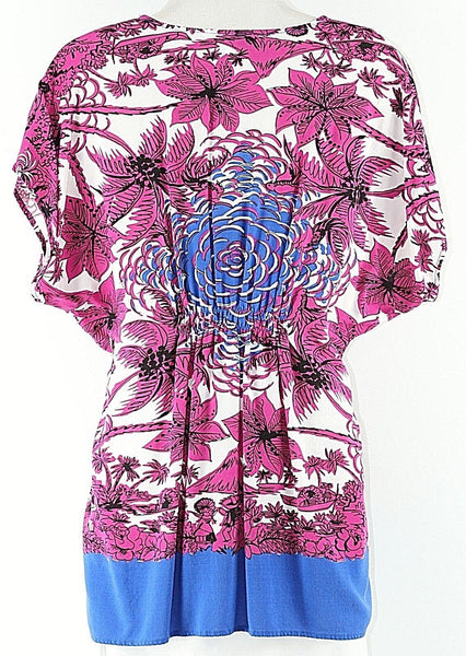 CAbi Sz S White Blue Magenta Black Multi Rayon Front Tie Dolman Sleeve Top
