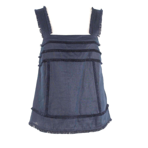 J Crew NEW $78 Sz 2 Blue Navy Fringe Trim 100% Linen Woven Top