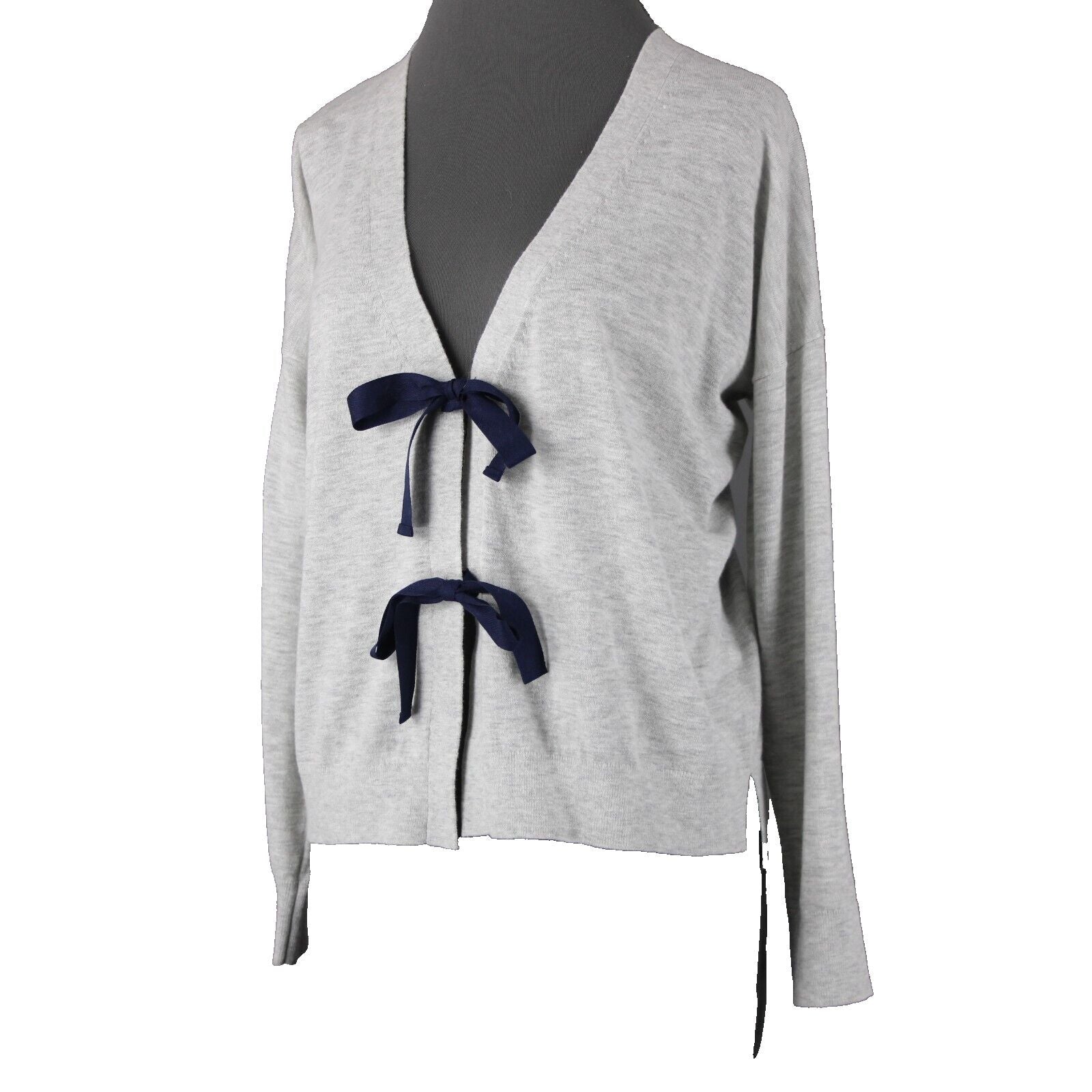 J Crew NEW $75 Sz M Gray Navy 3/4 Sleeve V Neck Bow Tie Cotton Wool Sweater