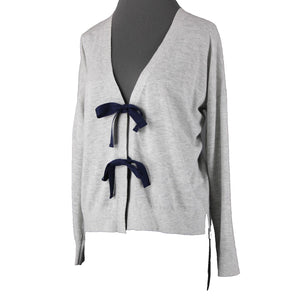 J Crew NEW $75 Sz M Gray Navy 3/4 Sleeve V Neck Bow Tie Cotton Wool Sweater