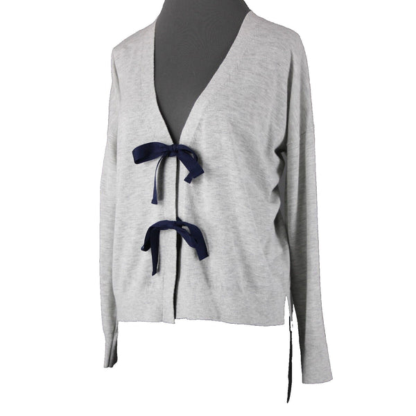 J Crew NEW $75 Sz M Gray Navy 3/4 Sleeve V Neck Bow Tie Cotton Wool Sweater