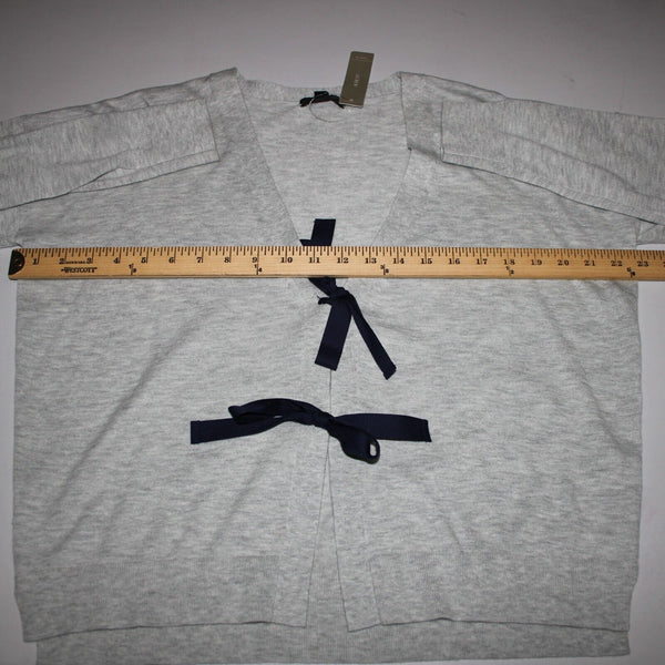 J Crew NEW $75 Sz M Gray Navy 3/4 Sleeve V Neck Bow Tie Cotton Wool Sweater