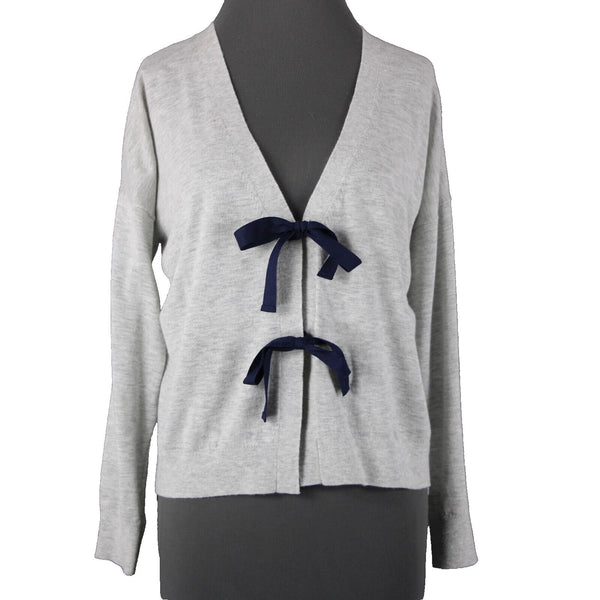 J Crew NEW $75 Sz M Gray Navy 3/4 Sleeve V Neck Bow Tie Cotton Wool Sweater