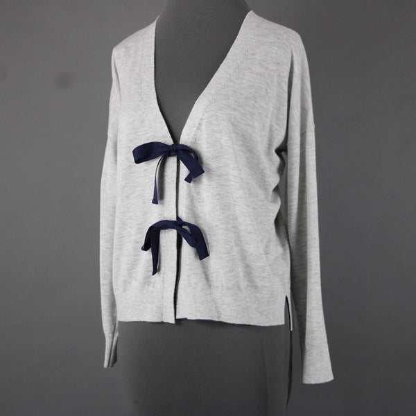 J Crew NEW $75 Sz M Gray Navy 3/4 Sleeve V Neck Bow Tie Cotton Wool Sweater