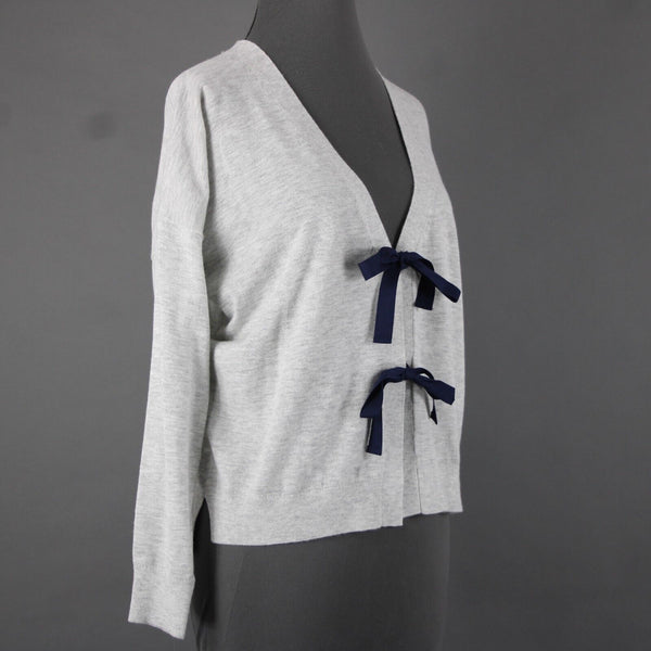 J Crew NEW $75 Sz M Gray Navy 3/4 Sleeve V Neck Bow Tie Cotton Wool Sweater