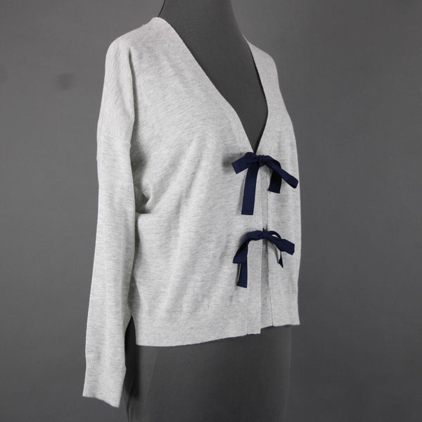 J Crew NEW $75 Sz M Gray Navy 3/4 Sleeve V Neck Bow Tie Cotton Wool Sweater