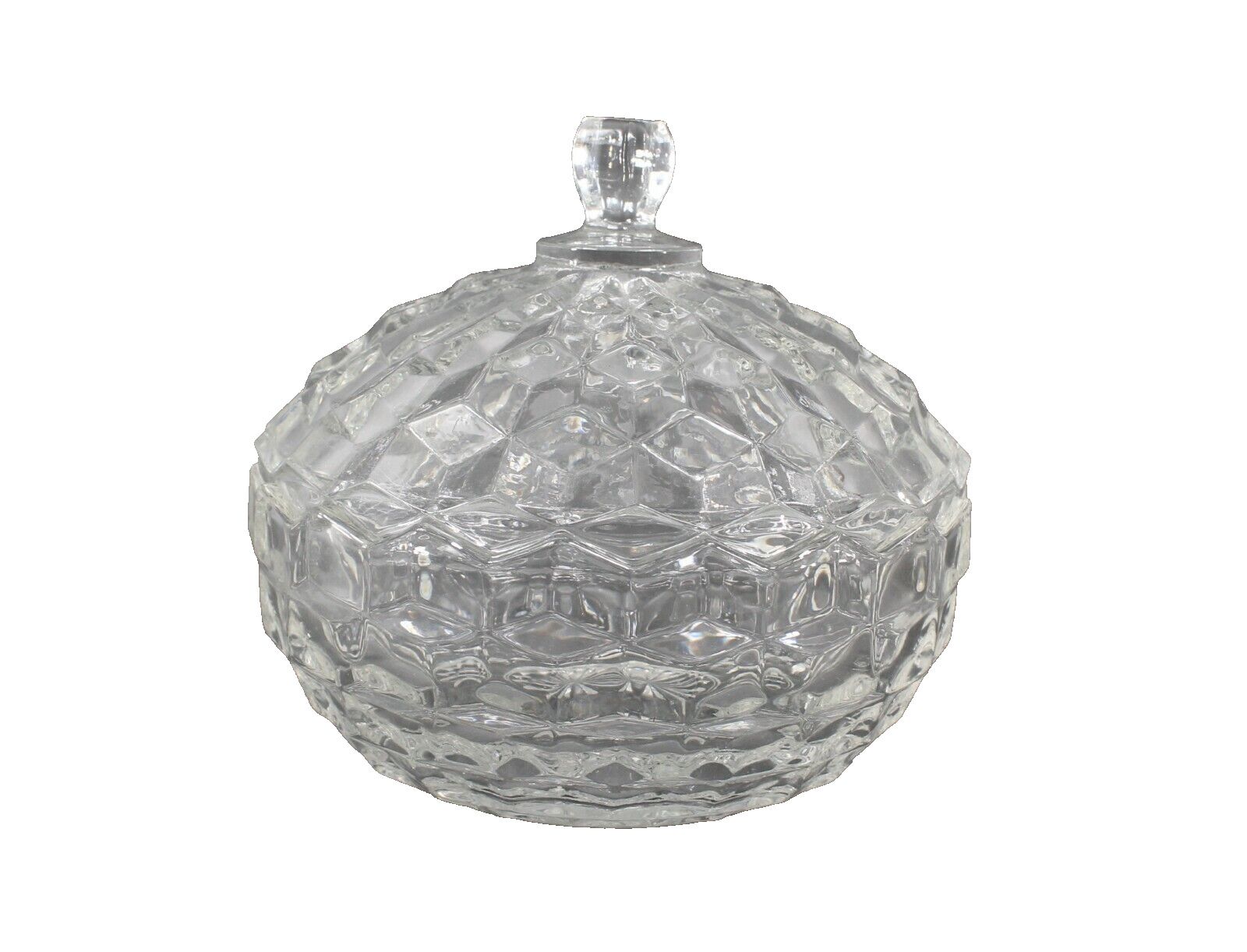 American Fostoria Vintage Clear Glass Cube Pattern W/ Lid 5" Candy Nut Dish