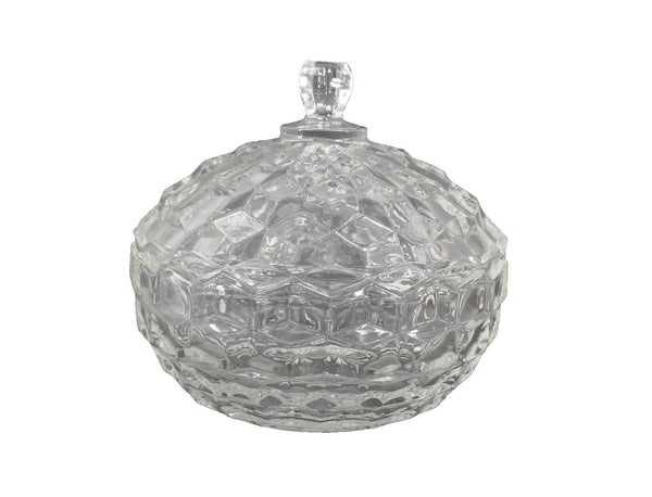 American Fostoria Vintage Clear Glass Cube Pattern W/ Lid 5" Candy Nut Dish