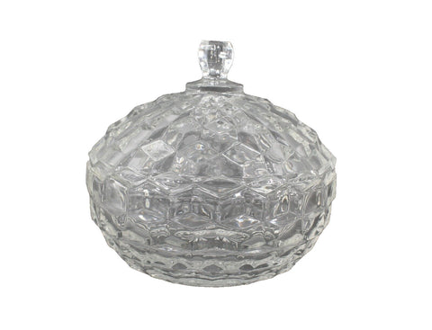 American Fostoria Vintage Clear Glass Cube Pattern W/ Lid 5" Candy Nut Dish