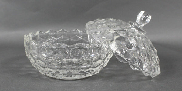 American Fostoria Vintage Clear Glass Cube Pattern W/ Lid 5" Candy Nut Dish
