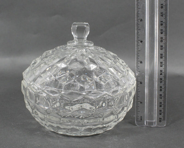 American Fostoria Vintage Clear Glass Cube Pattern W/ Lid 5" Candy Nut Dish
