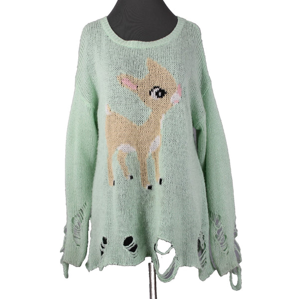Deer Sweater Sz No Size L? Mint Green Multi Color Rudolph Reindeer Acrylic