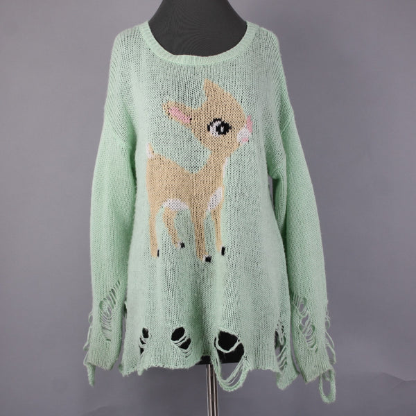 Deer Sweater Sz No Size L? Mint Green Multi Color Rudolph Reindeer Acrylic