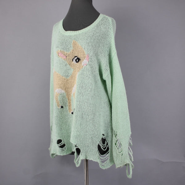 Deer Sweater Sz No Size L? Mint Green Multi Color Rudolph Reindeer Acrylic
