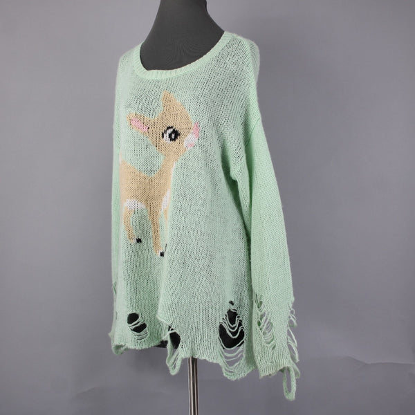 Deer Sweater Sz No Size L? Mint Green Multi Color Rudolph Reindeer Acrylic