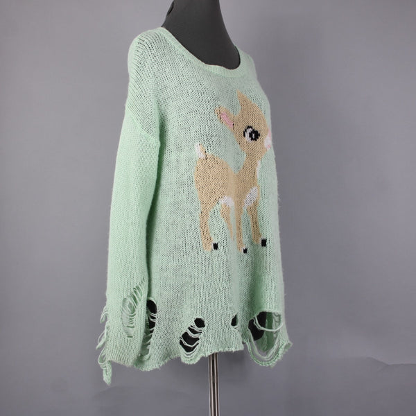Deer Sweater Sz No Size L? Mint Green Multi Color Rudolph Reindeer Acrylic