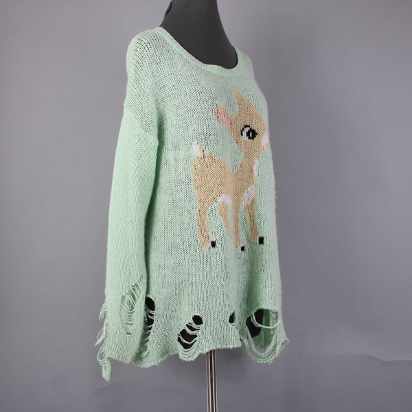 Deer Sweater Sz No Size L? Mint Green Multi Color Rudolph Reindeer Acrylic