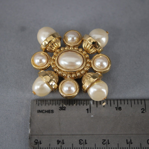 St John Goldtone Baroque Faux Pearls Square 1.25" Brooch Pin