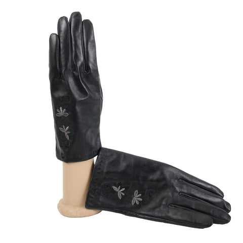 GSG NEW $103 Sz 8.5 Black Gray Embroidered 100% Leather Polyester Gloves