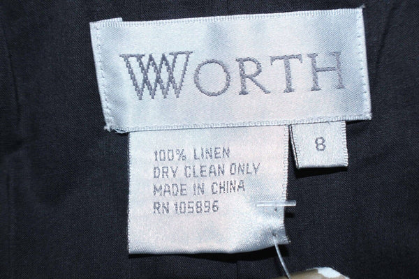Worth NEW Sz 8 Black Embroider Vent Cuff Button Front 100% Linen Lined Jacket