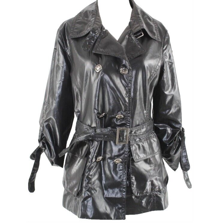 Towmy Sz S 42 Black Button Up Belted Polyester Blend Lightweight Jacket