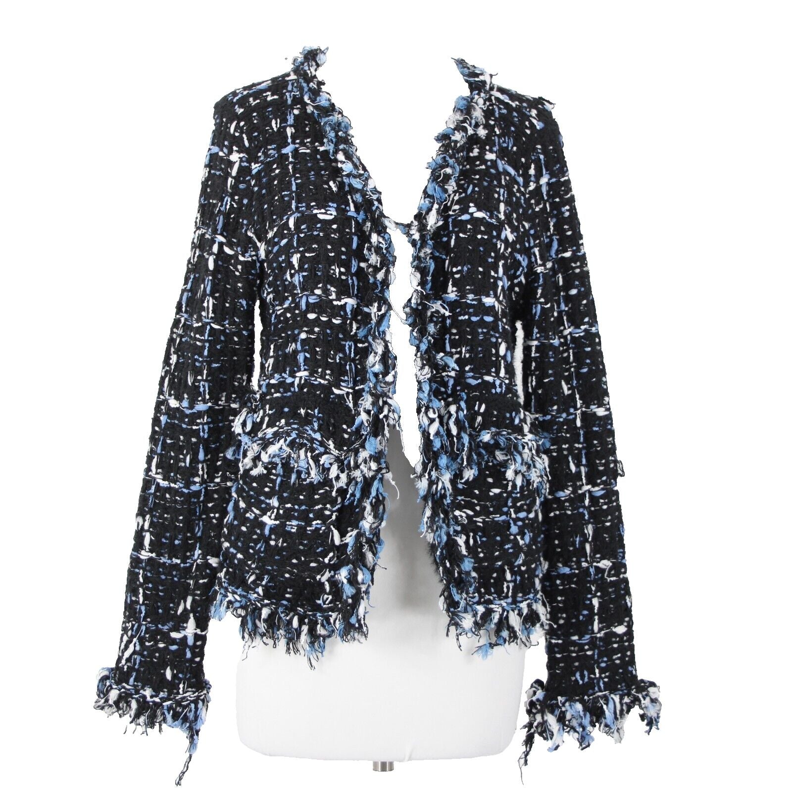 Renee C Sz S Black Blue White Frayed Pocket Open Knit Acrylic Wrap Tweed Sweater
