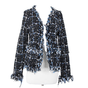 Renee C Sz S Black Blue White Frayed Pocket Open Knit Acrylic Wrap Tweed Sweater