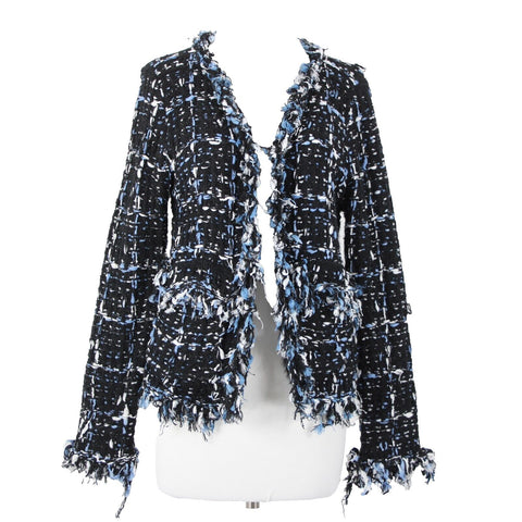 Renee C Sz S Black Blue White Frayed Pocket Open Knit Acrylic Wrap Tweed Sweater