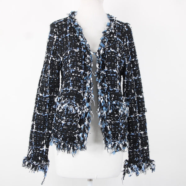 Renee C Sz S Black Blue White Frayed Pocket Open Knit Acrylic Wrap Tweed Sweater