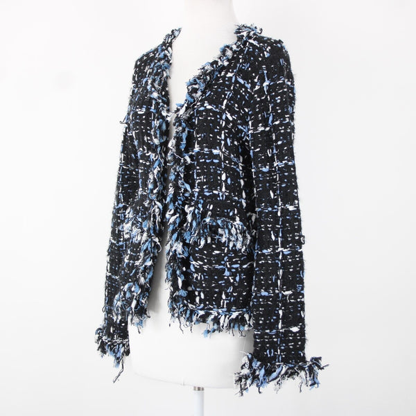 Renee C Sz S Black Blue White Frayed Pocket Open Knit Acrylic Wrap Tweed Sweater