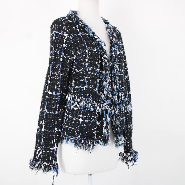 Renee C Sz S Black Blue White Frayed Pocket Open Knit Acrylic Wrap Tweed Sweater