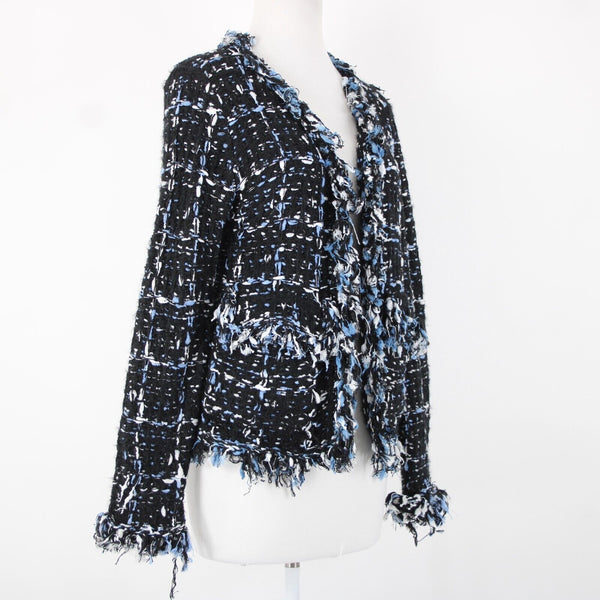 Renee C Sz S Black Blue White Frayed Pocket Open Knit Acrylic Wrap Tweed Sweater