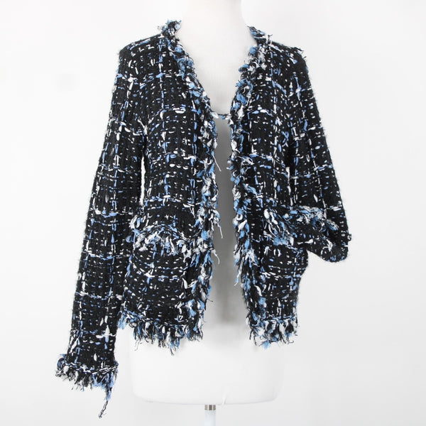Renee C Sz S Black Blue White Frayed Pocket Open Knit Acrylic Wrap Tweed Sweater
