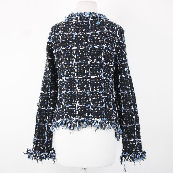Renee C Sz S Black Blue White Frayed Pocket Open Knit Acrylic Wrap Tweed Sweater