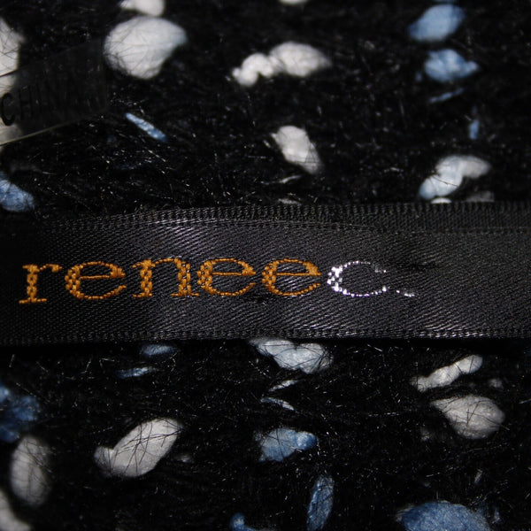 Renee C Sz S Black Blue White Frayed Pocket Open Knit Acrylic Wrap Tweed Sweater