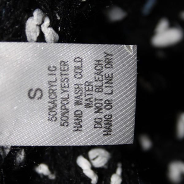 Renee C Sz S Black Blue White Frayed Pocket Open Knit Acrylic Wrap Tweed Sweater
