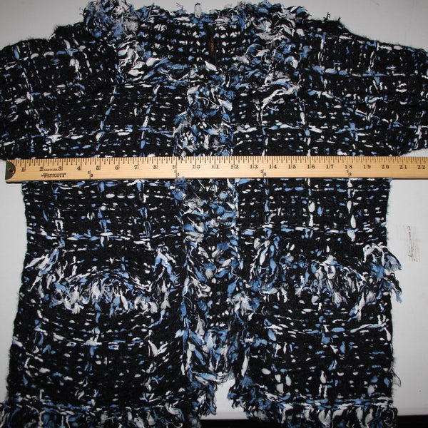 Renee C Sz S Black Blue White Frayed Pocket Open Knit Acrylic Wrap Tweed Sweater