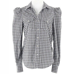 Greyson Sz XS White Olive Navy Plaid Cotton Blend Trend Top