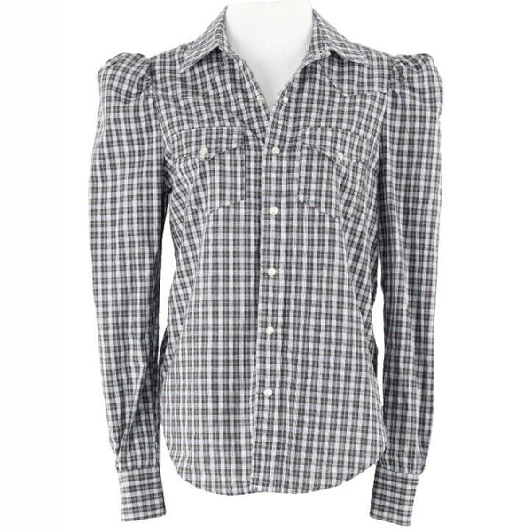 Greyson Sz XS White Olive Navy Plaid Cotton Blend Trend Top