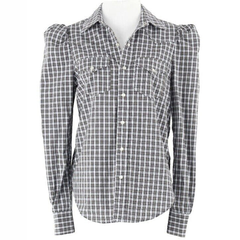 Greyson Sz XS White Olive Navy Plaid Cotton Blend Trend Top
