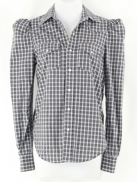 Greyson Sz XS White Olive Navy Plaid Cotton Blend Trend Top