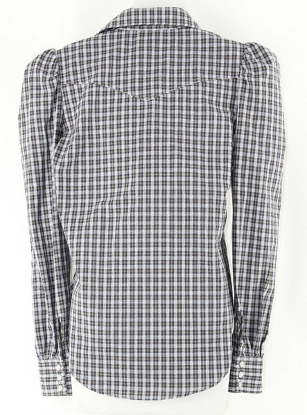 Greyson Sz XS White Olive Navy Plaid Cotton Blend Trend Top