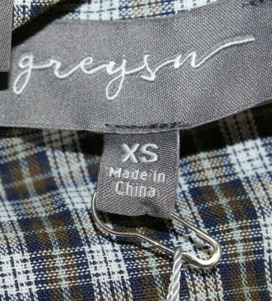 Greyson Sz XS White Olive Navy Plaid Cotton Blend Trend Top