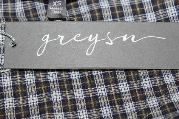 Greyson Sz XS White Olive Navy Plaid Cotton Blend Trend Top