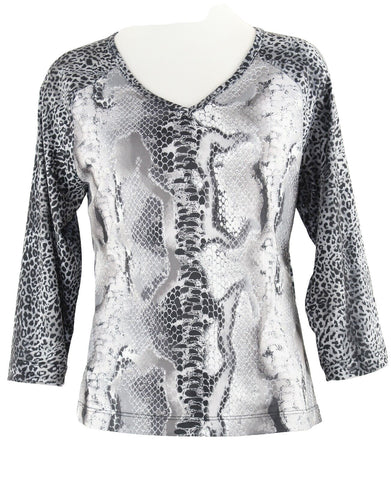 Carole Little Sz M Black Gray Animal Print Snake Stretchy Knit Top