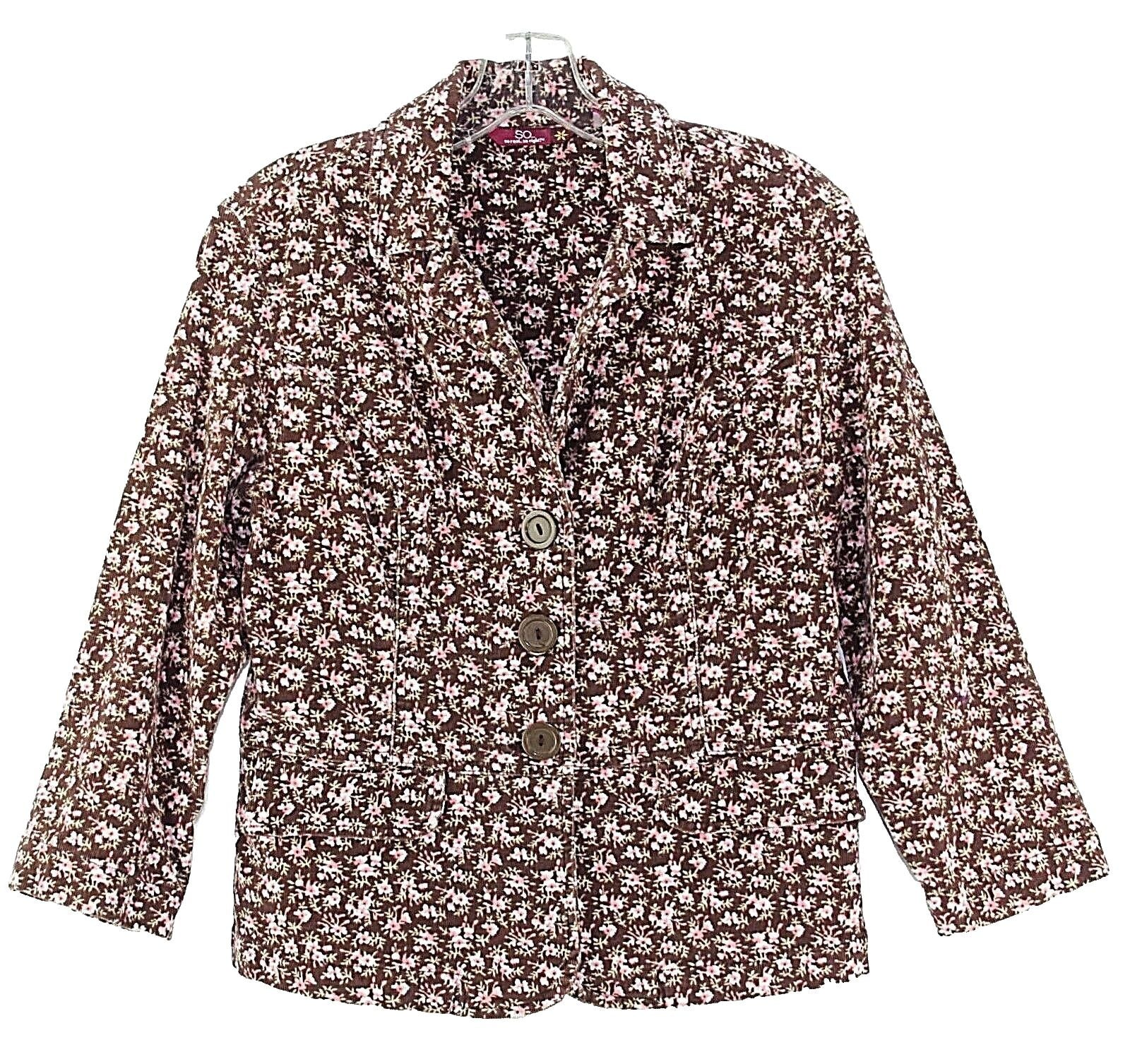 SO Sz L Brown Pink White Floral Cotton Blend Corduroy Flap Pocket Jacket